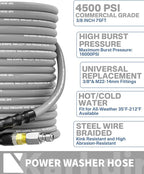 Pressure Washer Hose 75FT 3/8" for Cold and Hot Water 212°F, with Swivel Quick Connect, 4500PSI Kink Resistant Grade Steel Wire Braided, Power Washer Hose With 2pcs M22-14mm Adapter