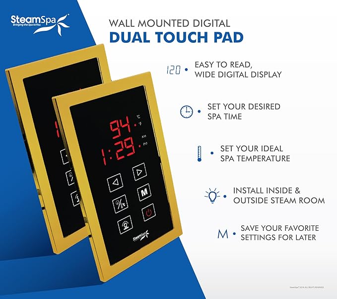 SteamSpa Executive 7.5 KW QuickStart ACU-Steam Bath Generator Package with Built-in Auto Drain and Install Kit Polished Gold, Steam Generator Kit with Dual Control Panel Steamhead 240V, (EXT750GD-A)