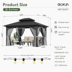 Aoxun 12'x10' Hardtop Gazebo with Light, Aluminum Frame Permanent Pavilion with Curtains and Netting, Outdoor Galvanized Double Roof Canopy, Designed for Garden, Lawns, Patio (Black/Grey)