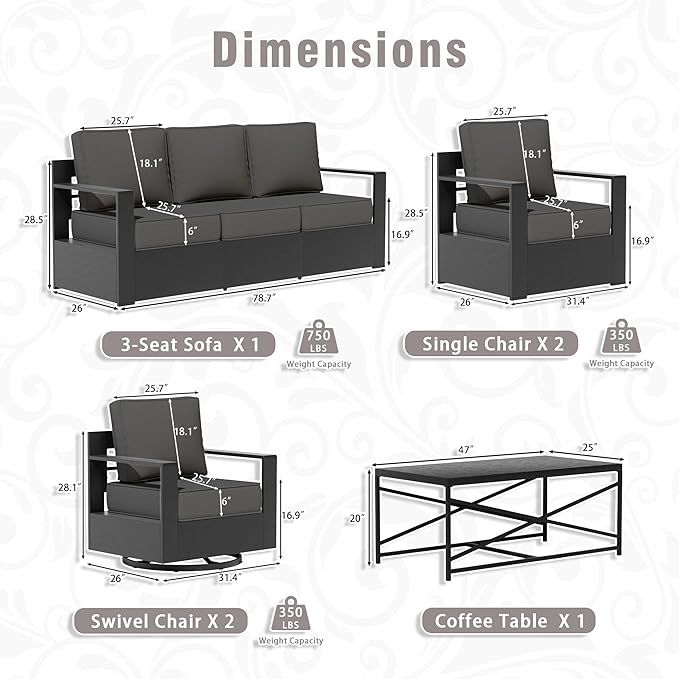 6 PCS Aluminum Patio Conversation Set - 3-Seater Sofa, 2 Swivel Chair, 2 Fixed Chair, 1 Metal Table with 6" Thick Water-insistant Cushions, All-Weather Use Removable Cover (Grey)