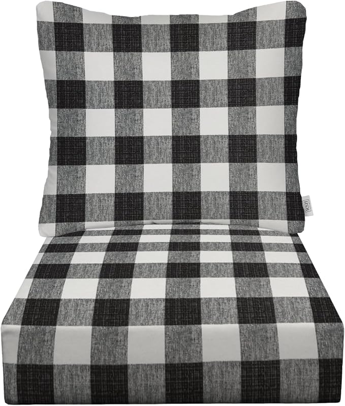RSH DECOR Deep Seating Cushion with Pillow Back | 22” x 25” Seat | Water and Fade-Resistant Spun Fabric | Outdoor Chair Cushion Set for Patio Furniture | Black Buffalo Plaid