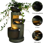 3-Tier Natural Bowl Cascading Garden Water Fountain with LED Lights - Water Fountain Outdoor Indoor Decor for Garden, Patio, Deck, Porch and Office Living Room Home Art Decor 10"x9"x20"