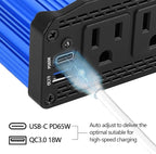 ALLWEI 300W Car Power Inverter, DC 12V to 110V AC Converter Car Plug Adapter Outlet with 65W PD USB-C & 18W USB-A Fast Charge, Car Cigarette Lighter Charger for Phone, Laptop, Tablet - Blue