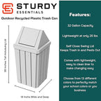 32 Gallon Square Slatted 100% Recycled Plastic Heavy Duty Outdoor Commercial Trash Can with Swing Top Lid | Great for Schools and Businesses - White