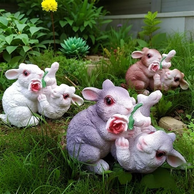 Garden Statues Bunny Decor Resin Flower Rabbit Figurine Cute Fairy Garden Decor Outdoor Statues for Patio Yard Porch Balcony Gifts for Women Mom Grandma Grey