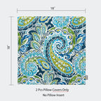 Magpie Fabrics Pack of 2 Indoor Outdoor Waterproof Throw Pillow Covers 18 x 18 Inch, Decorative Pillowcase Shell Cushion Sham for Garden Patio Tent Balcony Couch Sofa(Paisley Lapis Green)