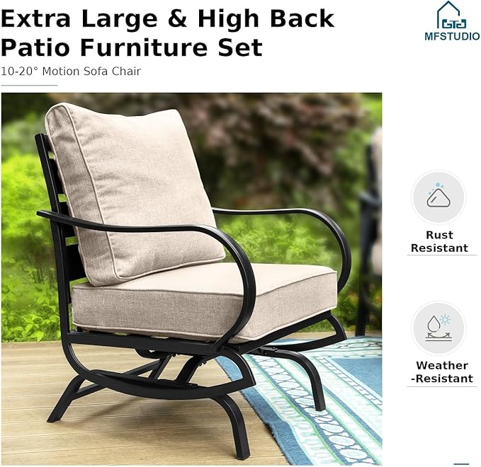 MFSTUDIO 6 Pieces Patio Furniture Sets with 45" Gas Fire Pit Table(Up to 7 Seat),Outdoor Metal Conversation Sofas with 1 x 3-Seat Sofa,2 Rocking Chairs and 2 Ottoman,Beige Cushion