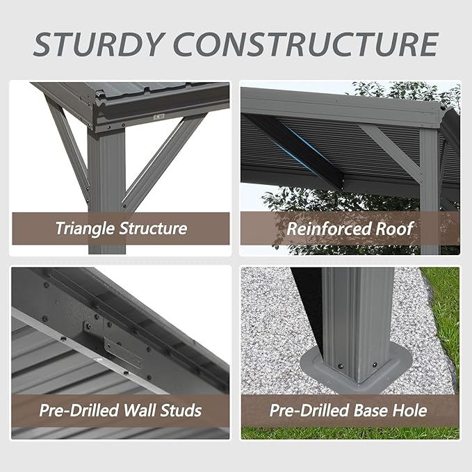 Domi 10'x10' Lean to Gazebo Hardtop, Expandable Wall Mounted Pergola with Gutters & Galvanized Steel Roof, 60MPH Wind Resistance, Outdoor Heavy Duty Metal Awning for Patio, Deck, Backyard - Grey