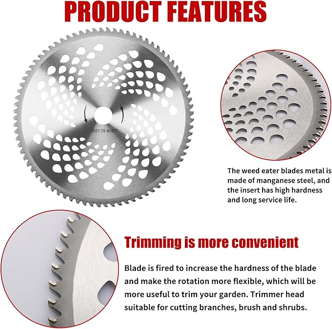 9" x 36 Teeth Carbide Tipped Blades & 9" x20T Carbon Steel Round Chainsaw Tooth Blades & 10" x 80T Brush Cutter Trimmer Blades with Adapter Kit