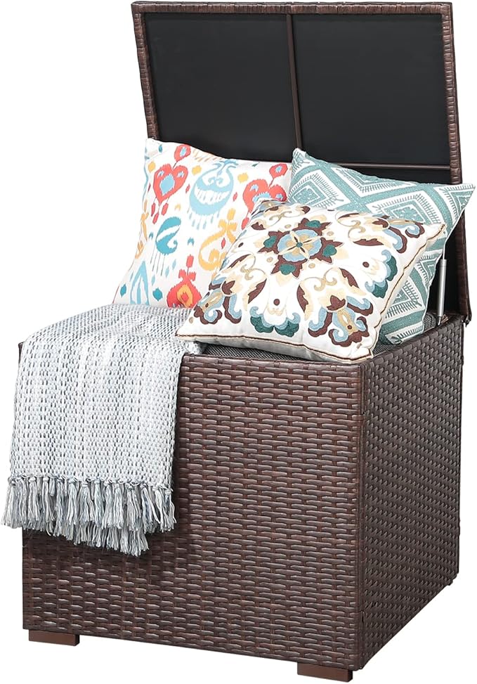 Patiorama 88 Gallon Wicker Deck Box, Indoor/Outdoor Storage Box for Patio Cushions, and Gardening Tools- Resin Rattan Patio Cushion Storage Bin, Brown