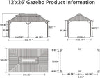 PURPLE LEAF 12' X 26' Outdoor Hardtop Gazebo Patio Wide Aluminum Frame Metal Double Roof with Heavy Duty Netting and Curtains for Permanent Hard Top Pavilion Screen Khaki