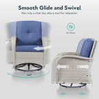 Outdoor Swivel Glider Rocker Chairs - 3 Piece Wicker Patio Furniture Set, All Weather Patio Bistro Set with Glass Side Table for Balcony Porch Deck Backyard - Light Beige Wicker Blue Cushion