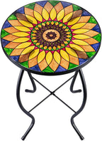 VCUTEKA Sunflower Outdoor Side Table, Mosaic Design, Small Glass Top, Round, Patio Side Table, Balcony Coffee Table, Indoor, 14 inches, Yellow