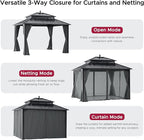 SUNJOY Kingston 12' x 10' Hardtop Gazebo with Galvanized Steel Double Roof, Curtain and Netting, Gray Aluminum Posts Permanent Pavilion Gazebo for Garden, Patio, Deck, Lawn