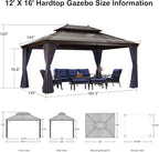 PURPLE LEAF 12' X 16' Permanent Hardtop Gazebo for Patio with Netting and Curtains Deck Backyard Heavy Duty Sunshade Metal Roof All Weather Outdoor Pavilion Canopy
