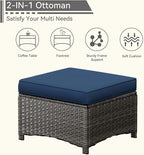 Patio Conversation Set 5-PCS Wicker Outdoor Furniture Conversation Set with 3-Seat Sofa, 2 Armchair, 2 Ottoman Patio Rattan Wicker Sectional Sofa Set with Olefin Cushion, Blue