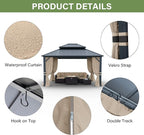 12' x 14' Hardtop Gazebo,Outdoor Galvanized Steel Metal Double Roof Gazebo with Curtains and Netting for Patios, Gardens, Lawns,Khaki