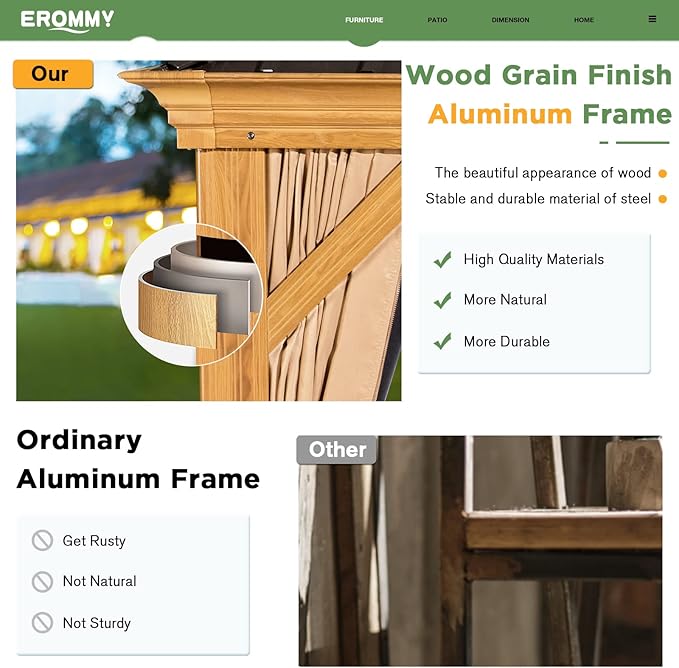 EROMMY 12' x 12' Gazebo, Wooden Finish Coated Aluminum Frame Canopy with Double Galvanized Steel Hardtop Roof, Outdoor Permanent Metal Pavilion with Curtains and Nettings for Patio, Backyard and Deck