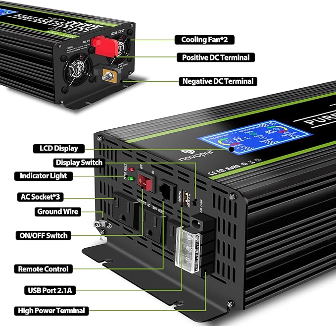 NOVOPAL 3000 Watt Pure Sine Wave Power Inverter 24V to 110V 120V Rv Inverters with 3 AC Outlets,High Power AC Terminal-16 ft Remote Control, LCD Display for Truck, Hurricane, Home