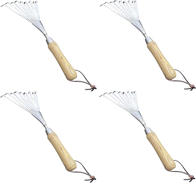 Garden Guru Eco Hand Rake Soil Tiller- 100% Recycled Stainless Steel - Rust Resistant - FSC Certified Wood Ergonomic Handle - Great for Gardening Cultivating,Loosening Soil & Spreading Mulch (4 Pack)