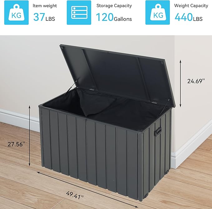 Outdoor Storage Box, 120 Gallon Metal Deck Box Built-in a Oxford Fabric Storage Bag, Lockable & Waterproof Outside Patio Storage Box for Cushions, Pillows, Pool Floats- Grey