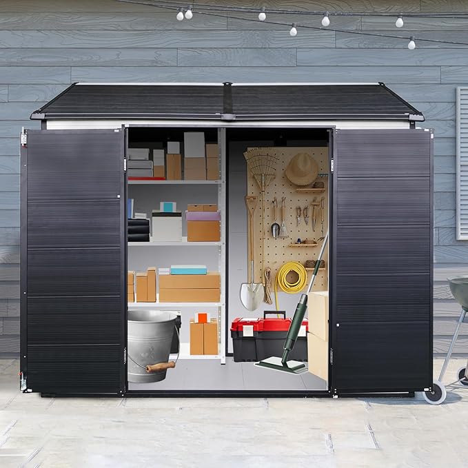 8x6 FT Resin Outdoor Storage Shed with Floor, Windows & Lockable Doors Waterproof All-Weather Garden Shed for Backyard, Patio, and Lawn Equipment Storage, White
