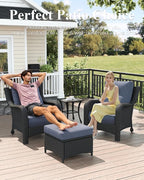 LayinSun 7 Piece Wicker Outdoor Furniture Set with 6-inch Comfy Cushions, High Back Patio Furniture Set with Rattan Armchairs and Fire Pit Table