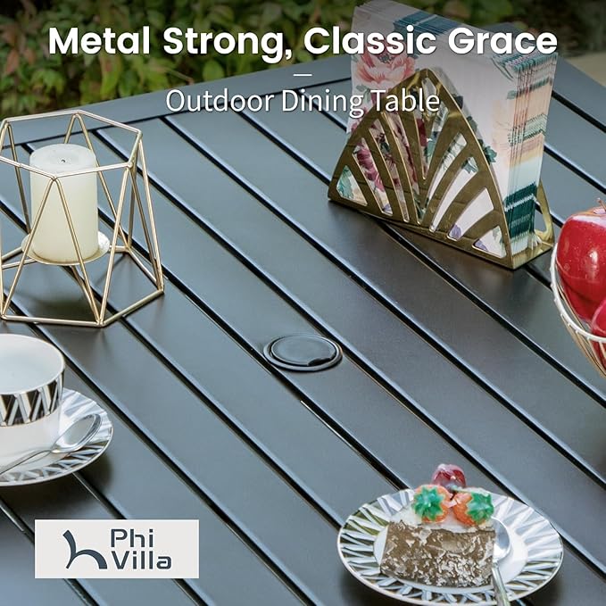 PHI VILLA 5 Pieces Outdoor Dining Set for 4, 37" Square Metal Wrought Iron Table with Umbrella Hole & Swivel Steel Chairs with Cushions, Modern Furniture Set for Patio, Deck, Porch, Yard