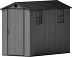 Greesum 4x8FT Plastic Outdoor Storage Shed with Floor, Resin Storaged Sheds with Lockable Door, Window & Vent, All-Weather Tool Sheds for Garden, Backyard, Patio, Dark Gray (One-Piece Panel)