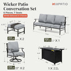 Patio Furniture Set, 6 Pcs Metal Outdoor Conversation Set, 2 Swivel Chairs, 2 Ottomans and 3 Seater Sofa with 5.75" Extra Thick Cushion and Gas Fire Pit Table, Grey