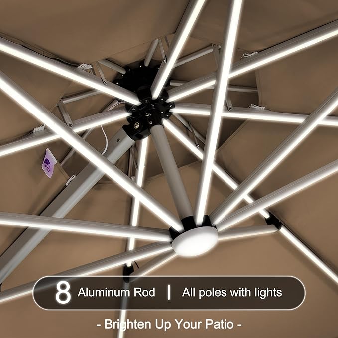 PURPLE LEAF 10ft Solar powered LED Patio Umbrella Outdoor Round Umbrellas Large Cantilever Umbrella with LED lights Windproof Offset Umbrellas Heavy Duty for Garden Deck Pool Patio, Beige