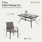 Patio Table and Chairs Set, Patio Dining Set for 6 with Brown Chairs and Metal Rectangular Table for Deck Backyard Lawn Poolside