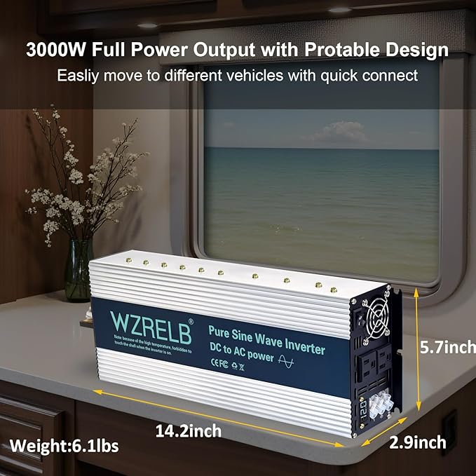 WZRELB 4000W Pure Sine Wave Inverter, Car Power Inverter 48V DC to 110V 120V AC Converter for RV, Truck, Solar, Outdoor with Dual AC Outlets, Hardwire Port, Surge 8000W, LED Display,Off-Grid