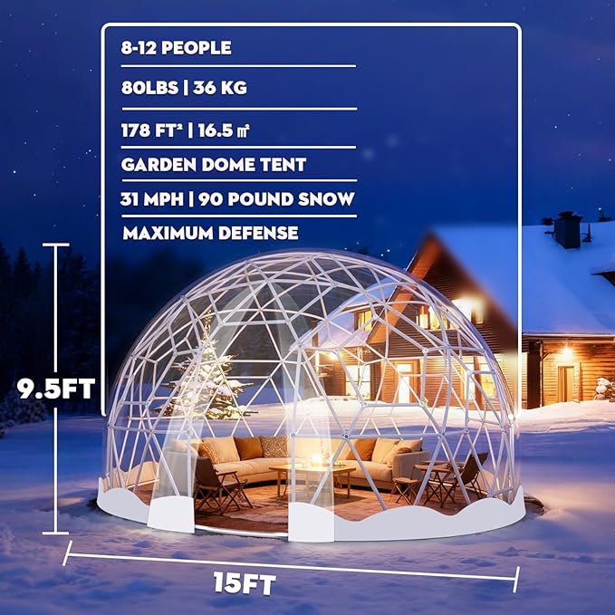 Garden Dome Tent, 15 x 9.5 ft Outdoor Clear Bubble Tent for 2-4 Person, All-Weather Geodesic Dome Greenhouse with Window & Door, PVC Transparent Tent for Patio, Camping, Party (15FT - White)