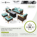 Sophia & William Patio Furniture Set with Fire Pit Table, 8 Piece Outdoor Wicker Conversation Set, Large Rattan Sectional Sofa with Ottoman & 45" Fire Pit Table(Aqua Blue)