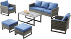 Rilyson Wicker Outdoor Patio Furniture Set - 6 Piece Patio Conversation Set with 2 Armrest Chairs,2 Rattan Ottoman,1 Couch and 1 Metal Side Table for Outside Porch Deck Backyard(Mixed Grey/Blue)