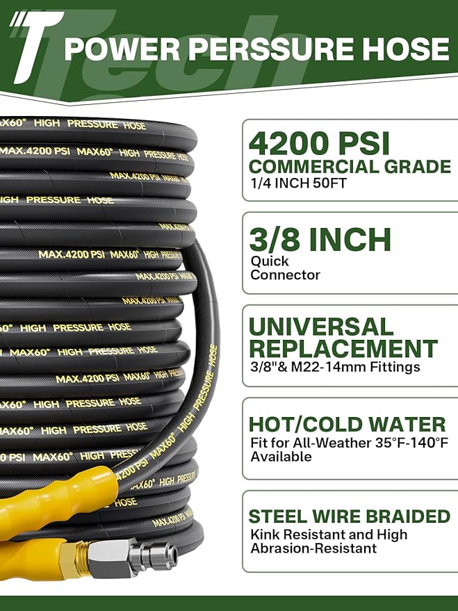4200PSI Pressure Washer Hose 50FT with 3/8" Swivel Quick Connect for Cold/Hot Water, Kink Resistant Steel Wire Braided, Wear Resistant Power Washer Hose with 2 M22 14mm Adapter Set
