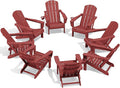 SERWALL Folding Adirondack Chair Set of 8, Adjustable Adirondack Chair with 3 Recline Positions, All Weather HDPE Outdoor Adirondack with Cup Holders, Red