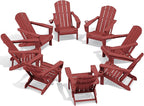 SERWALL Folding Adirondack Chair Set of 8, Adjustable Adirondack Chair with 3 Recline Positions, All Weather HDPE Outdoor Adirondack with Cup Holders, Red