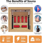 3-4 Person Hybrid WiFi Control Indoor Sauna, Far Infrared Wood Steam Sauna Room, Canadian Hemlock, Red Light Therapy, 11 Heating Elements & Electric Stove, Large Tempered Glass Door, Left Door