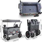 Collapsible Foldable Wagon Cart with All Terrain Wheels &Canopy& 2 Seats- Heavy Duty Utility Wagon 265 lbs Capacity for Camping, Garden, Shopping (Grey)
