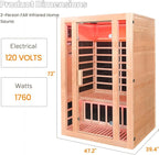 2 Person Infrared Sauna with Red Light Therapy, 1760W 120V Low EMF with Control Pane Home Indoor Dry Sauna Room for Gym & Spa, Made from Canadian Hemlock