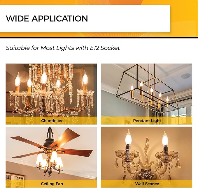 Hizashi 90+ CRI LED Candelabra Bulb 40W Equivalent E12 LED Bulb Dimmable 2700K Soft Warm White, Chandelier Light Bulbs, 4W 450LM Flame Tip CA10 Candle Light Bulbs, UL Listed - 12 Pack