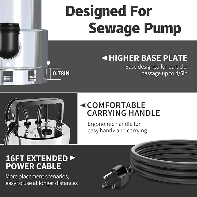 LANCHEZ 1.6HP 5500GPH Stainless Steel Sump Pump, High Flow Submersible Water Pump with Float Switch, Automatic Transfer Water Pump for Pool Basement Flooded Pit Sewage Sink Tub