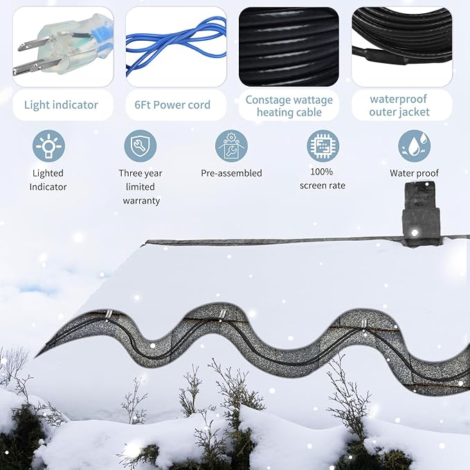 30ft Roof Heat Cable, 5w/ft Constant Wattage, Safe for Roof Ice Dams, Metal or Plastic Gutters, CSA ETL Approved, 120V