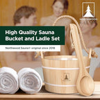 Sauna Bucket and Ladle Set - Handmade from Finnish Pine Wood - Natural Rope Handle - 1.6 Gallons (6 Liters) Water Capacity