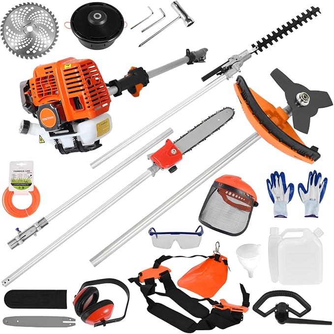 Gas Weed Wacker, 52cc 2-Stroke 5 in 1 Multi-Functional Lawn Mower Hedge Trimmer Pruners Gas Powered Brush Cutter, Weed Eater for Grass and Bush Shipping from US (Red)