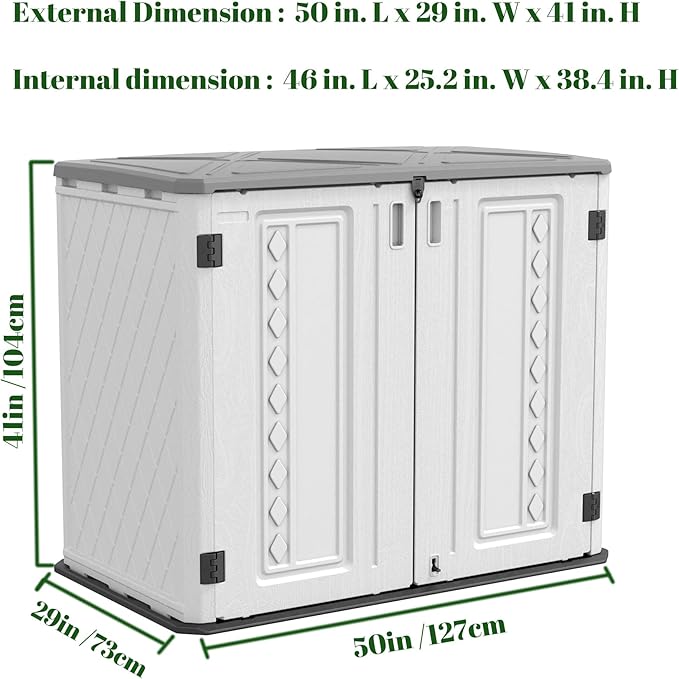 ADDOK Horizontal Storage Shed Outdoor with Floor, 27 Cu Ft Capacity Plastic Storage Shed with Lockable Double Doors, All-Weather Condition Use for Patio, Backyard, Lawn and Garden, White