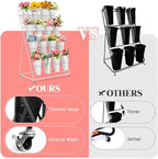 Flower Display Stand with Buckets, 4 Layers 16 PCS Buckets Plant Stand with Wheels, Movable Metal Plant Stand for Terrace Garden, Living Room, Florist Shop (White Frame - White Buckets, 4-Tier)