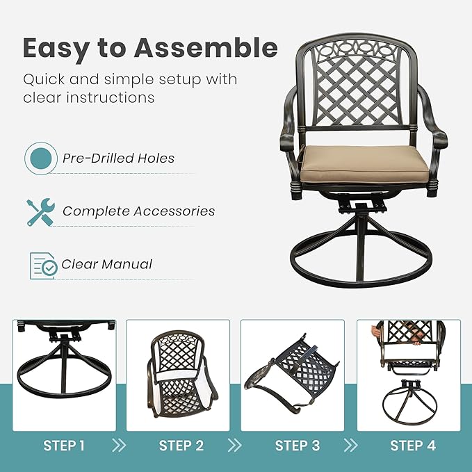 Set of 6 Cast Aluminum Patio Chairs with Cushions, All-Weather Aluminum Outdoor Swivel Chairs, Metal Outdoor Rocking Chairs for Backyard, Poolside and Bistro (Khaki, 6 Pieces)